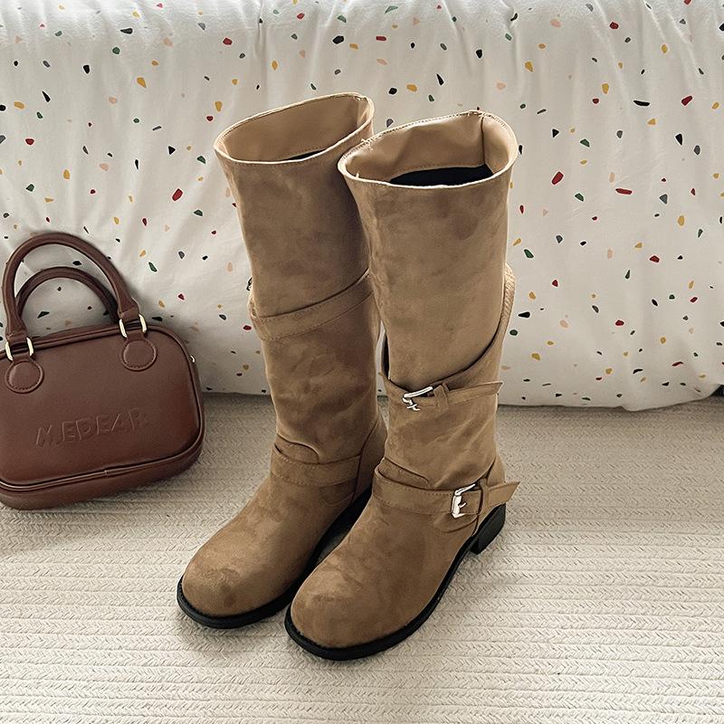 Fashion solid color retro suede cowboy boots women's 2025 autumn and winter new buckle tall thick heel thin fashion boots
