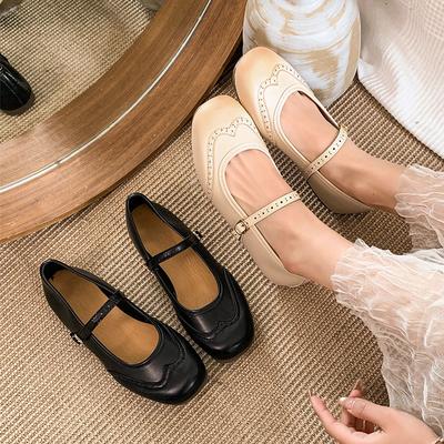 Soft Leather Fashion Ballet Shoes Women's Engraved Brock Mary Jane Shoes Retro Style Flat French Small Leather Shoes