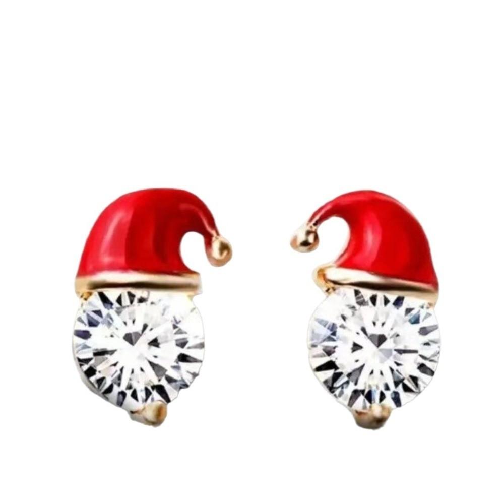 Sparkling Santa Hat Earrings Red Enamel Rhinestone Ball Earrings Christmas Stud Earrings Daily