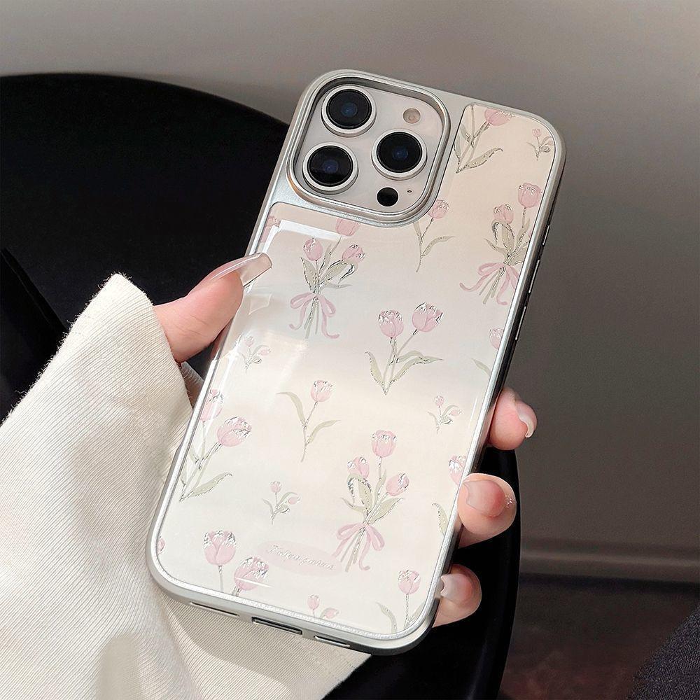 ins sweet pink tulip for apple 17/16 electroplated silver water condensation mobile phone case IP15 fresh 14 girl