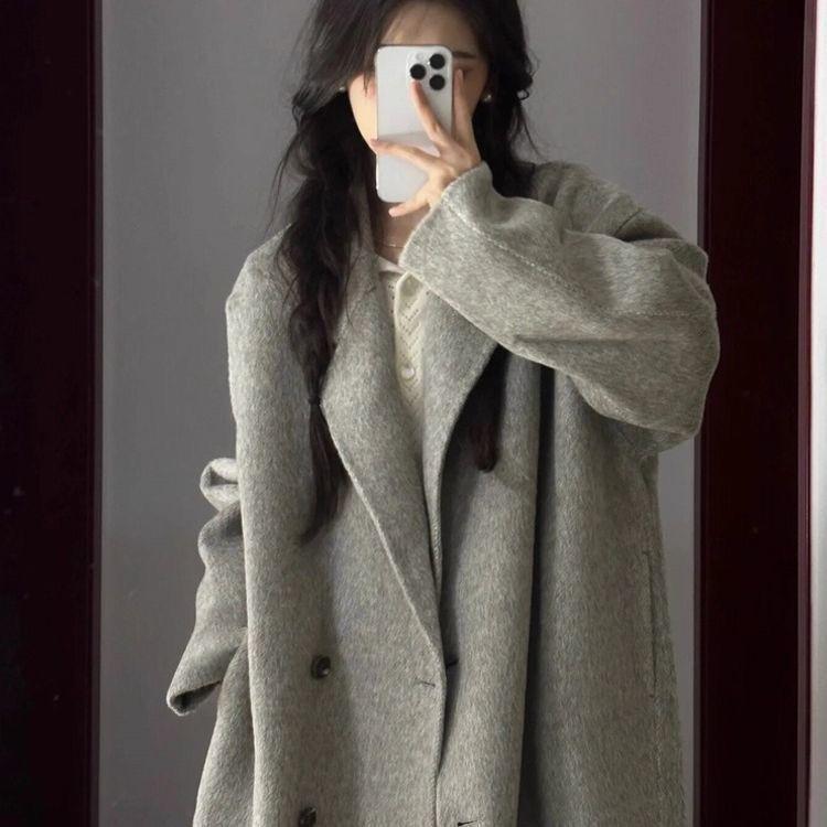 Palton de lână de lungime medie, larg, stil coreean, pentru femei, toamnă/iarnă 2025, trend