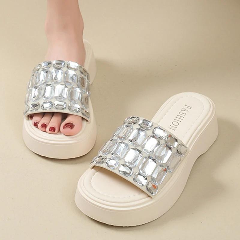 Fashion Big Crystal Chunky Platform Wedge Sandals Women Summer 2025 Thick Bottom Shiny Gem Slides Woman Slip On Mules Sandalias De Mujer