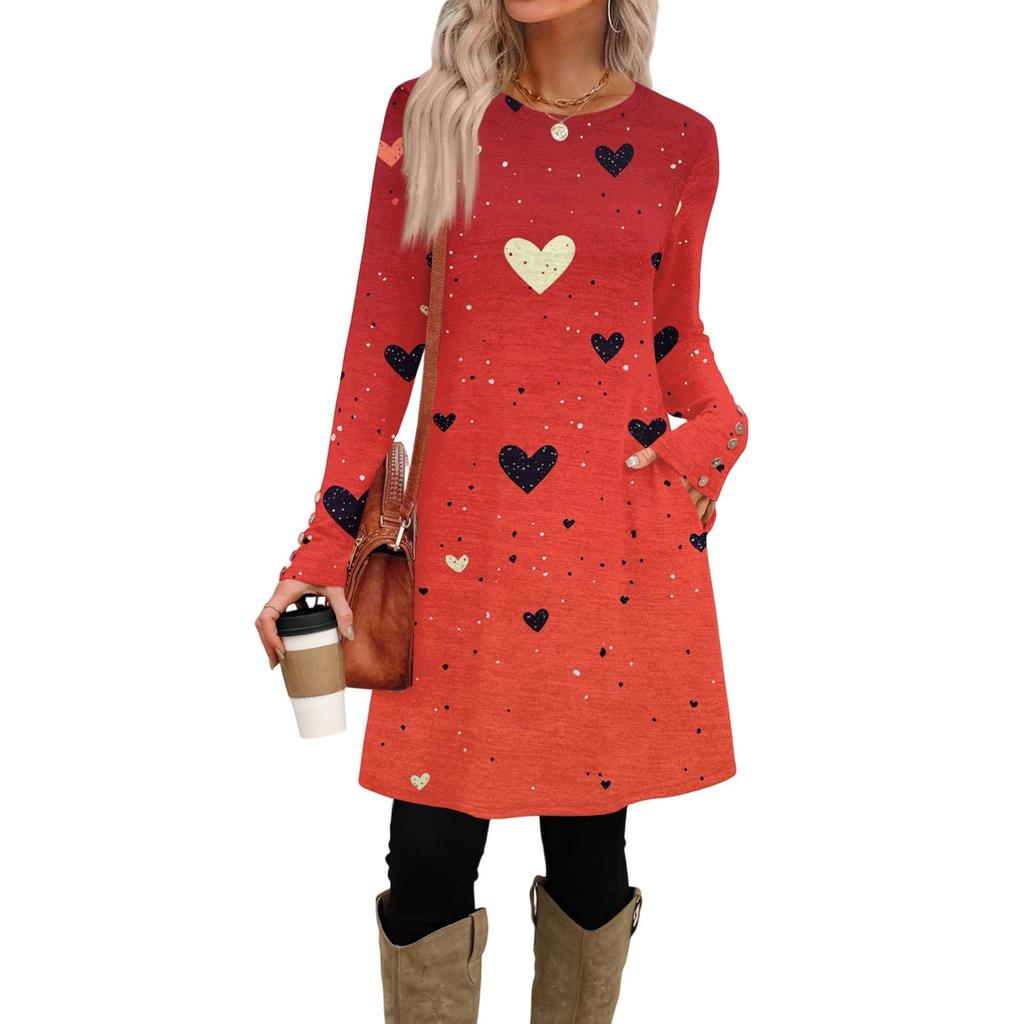 Damenmode lässiges Kleid mit Tasche, dekorativen Knöpfen, Rundhalsausschnitt, langen Ärmeln und Print