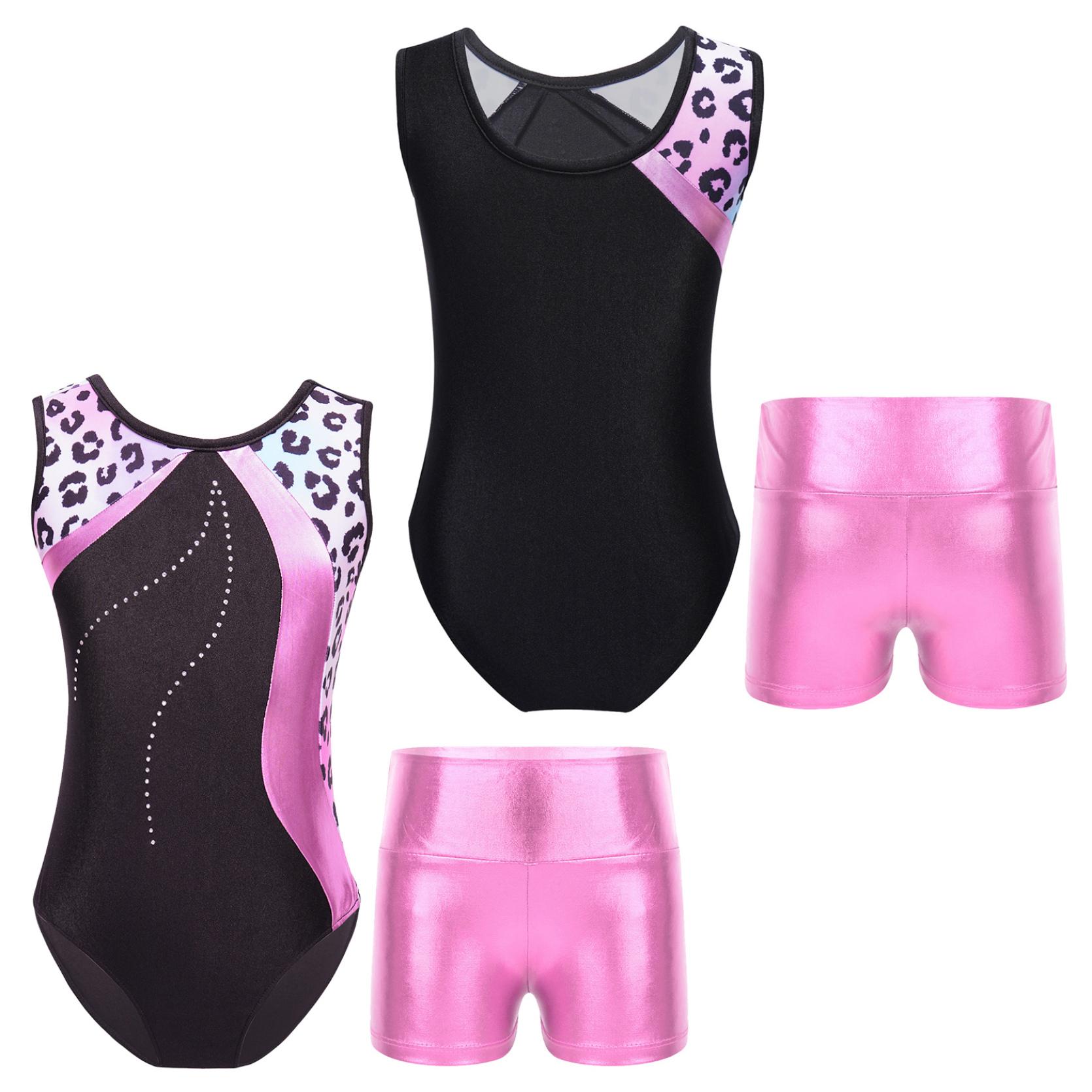 

Детский лоскутный купальник без рукавов для девочек с металлизированными шортами с высокой талией, комплекты для танцев, катания на коньках, гимнастический комбинезон 11-12 Years леопардовый