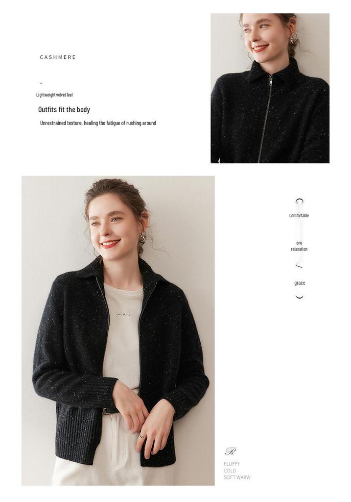 Women's Heavyweight Cashmere Dotted Knit Cardigan - High Neck, Long Sleeve, Zipper, Warm, Loose, Comfortable