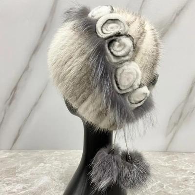 Floral Fluffy Ball Hat Genuine Mink Fur Women Winter Hat Fluffy Fox Beanies Stylish Snow Outdoor Warm Girl Real Fur Hats