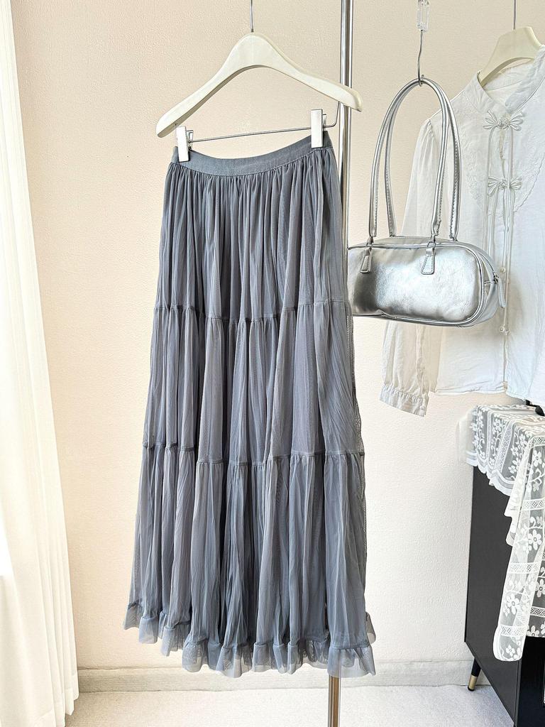 Women’s French-Style High Waist A-Line Mesh Skirt | 2026 Fairy Pleated Loose Hem