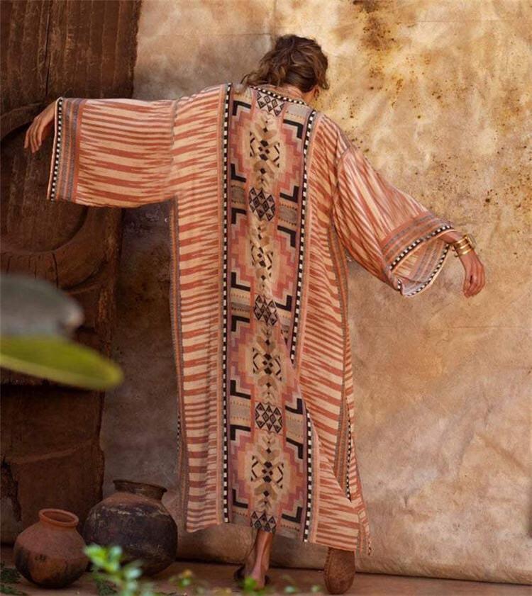 

European-American Cotton Print Belted Cardigan Beach Cover-Up Dress One Size