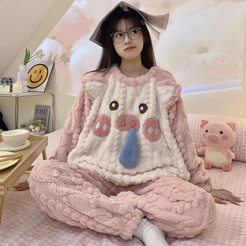 Women's Winter Coral Fleece Pajamas, Long-Sleeved Flannel Set with Velvet, Suitable for Spring and Autumn, Can Be Worn Outdoors