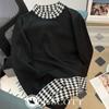 J-Scott Knit Top, Houndstooth Pattern, Mock Neck, Slim Fit, Monochrome, 1/4 Sleeves, Simple Black, JS104-BK-M (Limited Stock)