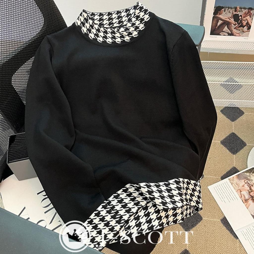 J-Scott Knit Top, Houndstooth Pattern, Mock Neck, Slim Fit, Monochrome, 1/4 Sleeves, Simple Black, JS104-BK-M (Limited Stock)
