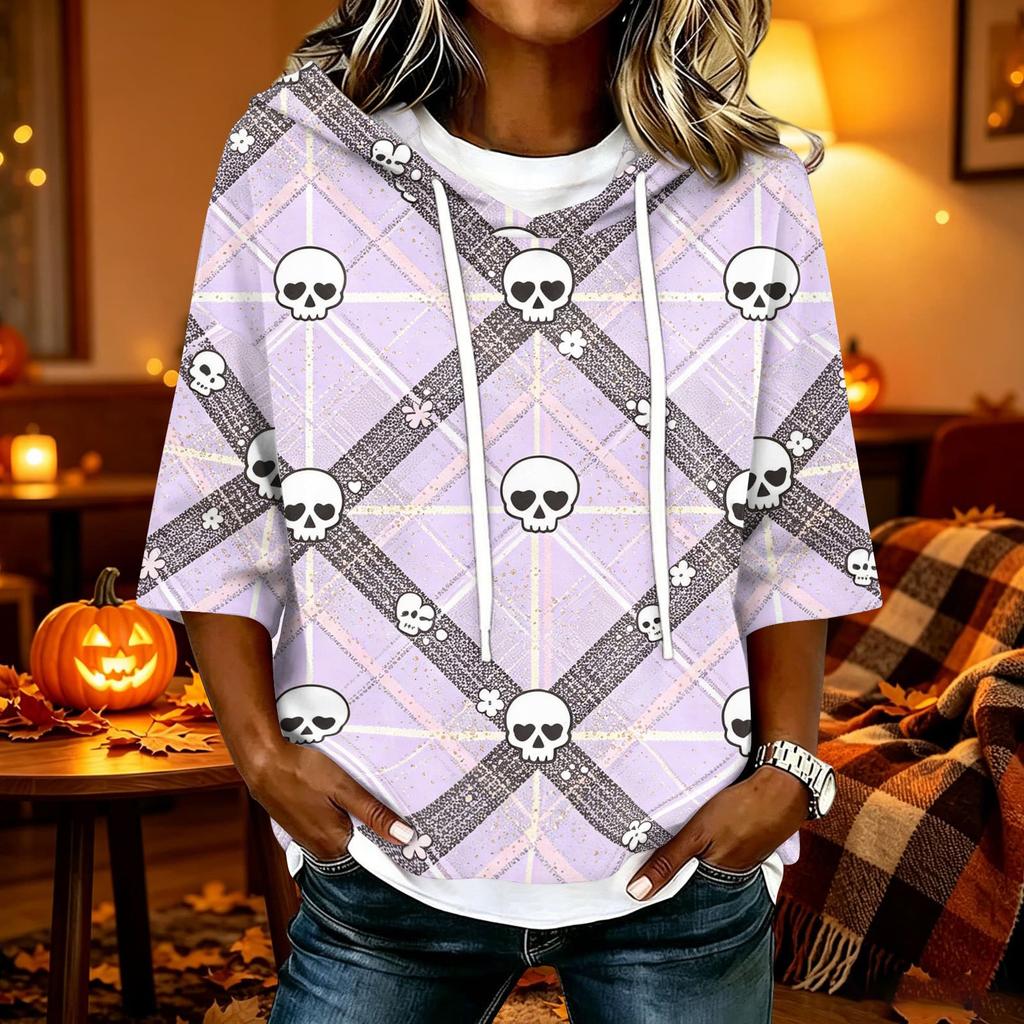 Women's Halloween Print Hooded Top, Loose Fit Casual 3/4 Sleeve Pullover Shirt