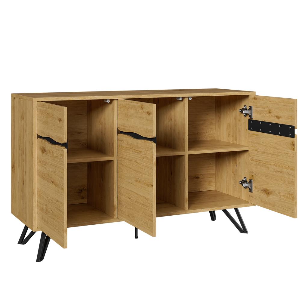 3-Door Sideboard in Wood Look with Metal Legs - Modern Design, Lots of Storage, Easy to Clean - Suitable for Living Room, Dining Room, Hallway
