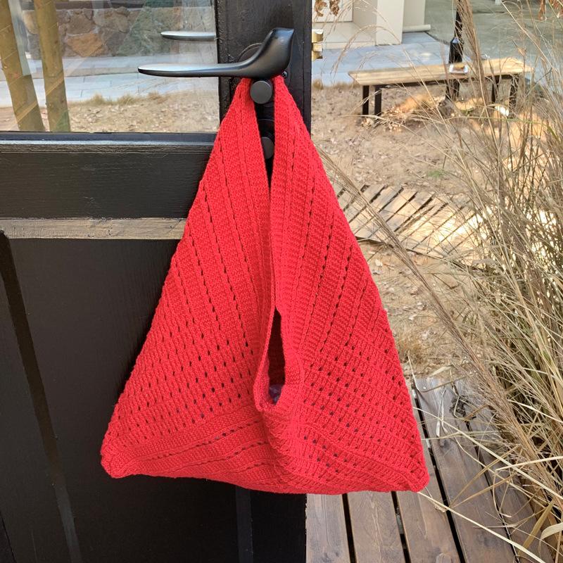 French Style Polyester Knit Tote Bag for Women Hollow Out Handheld Shoulder Purse красный