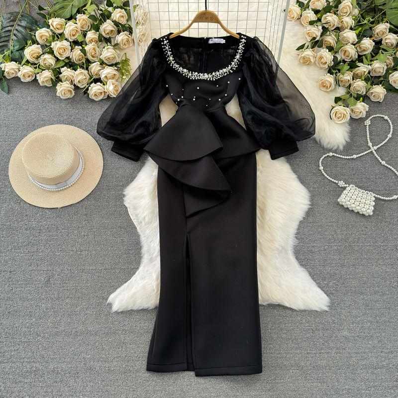 

Socialite Lantern Square Collar Ruffles Split Dress Black XL