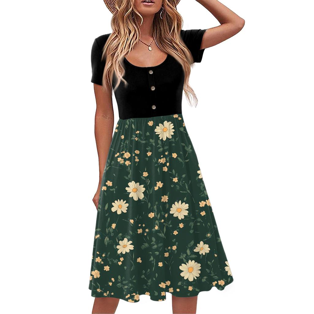 Fashion Women Summer Vintage Floral Dress Elegant Short Sleeve Midi Dress