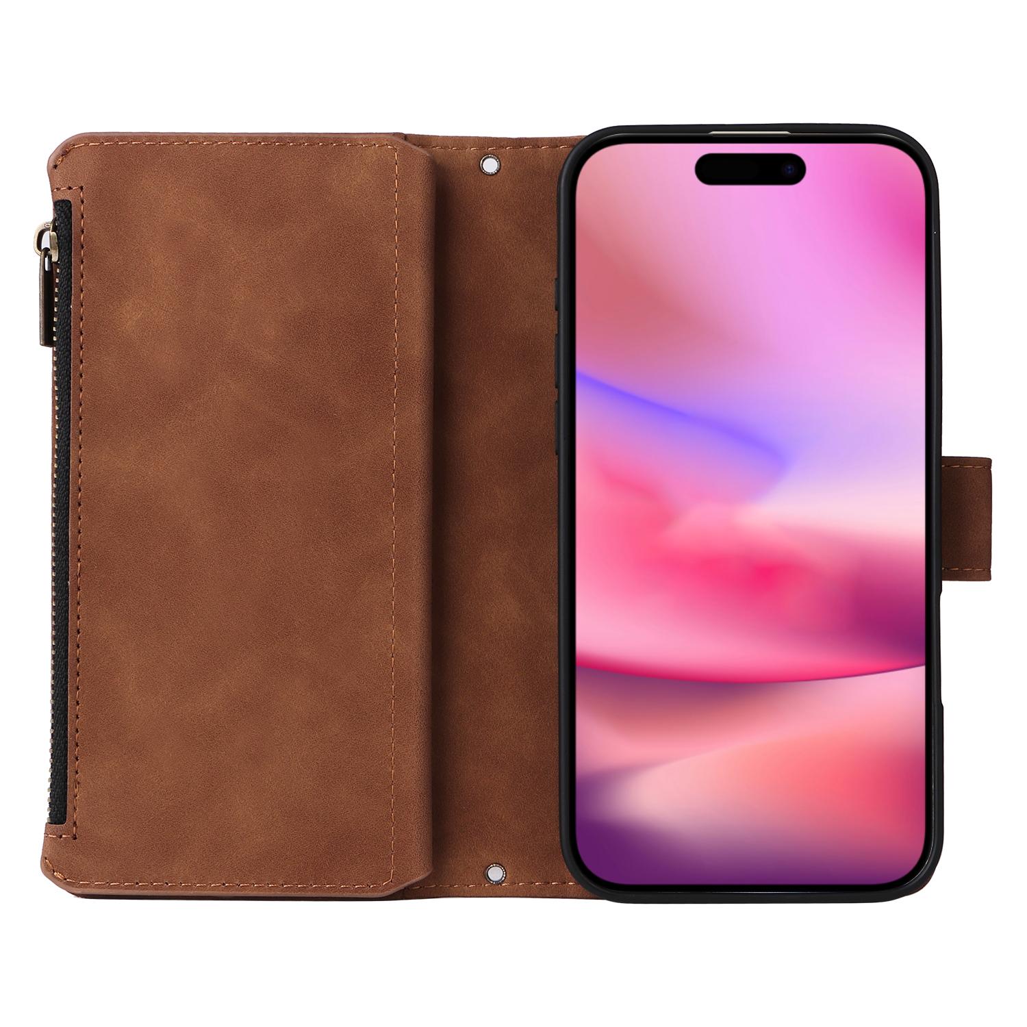

For iPhone 16 Case Zipper Pocket PU Leather Wallet Phone Stand Cover with Strap