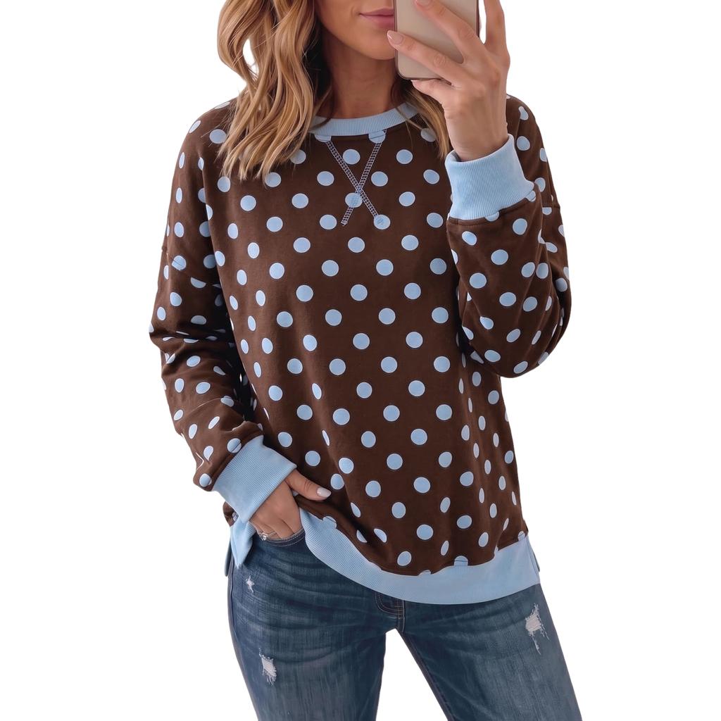 Women's Casual Long Sleeve Round Neck Sweatshirt with Leopard Polka Dot Print