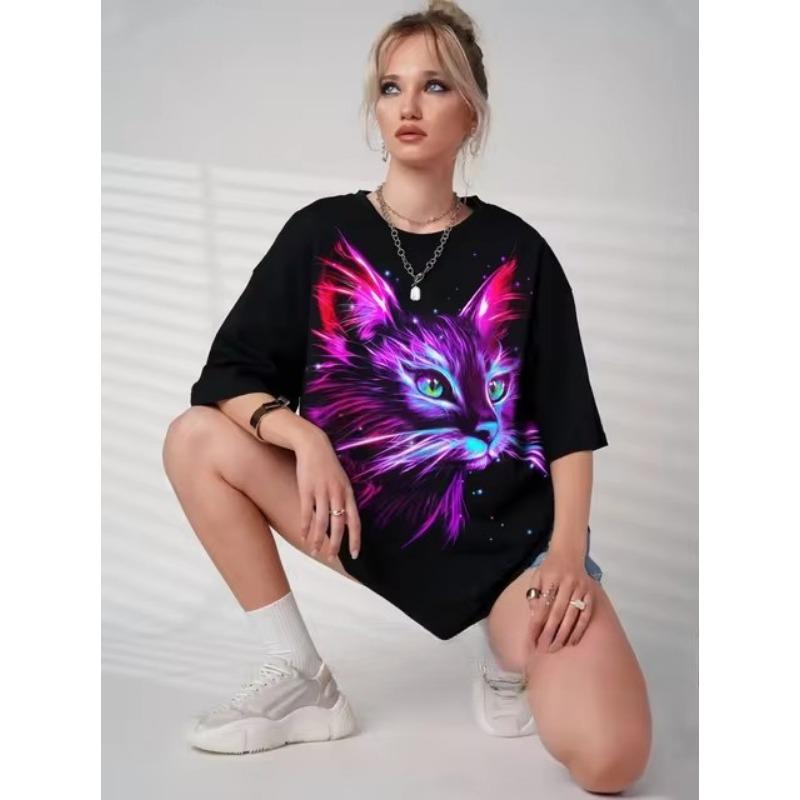 Женская 3D красочная графическая печать кота женская футболка с круглым вырезом Harajuku — фото 2