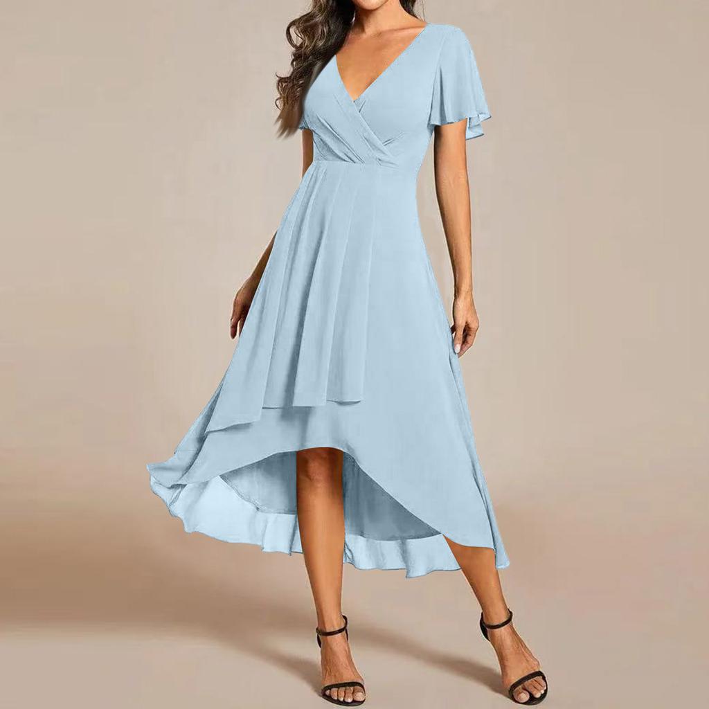 Women's Summer Dress Slim Fit Dress Color Chiffon V Neck Short Sleeved Dress