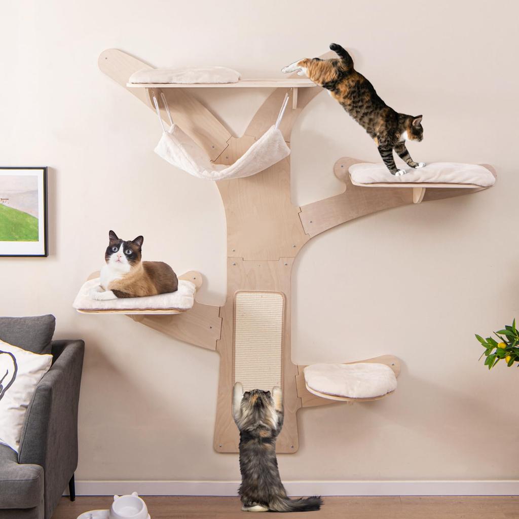 GYMAX Cat Walk Cat Tower Wall Mounted Cat Tree Width 181cm X Depth 181cm Cat Step Wall Cat Climbing Shelf Wooden Cat House Cat Shelf Cat Furniture