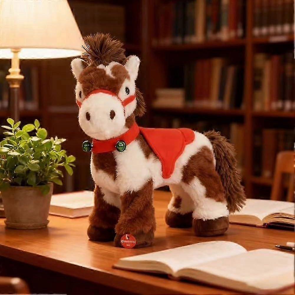 Skvrnitý elektrický plyšový kůň, Interaktivní skvrnitý animovaný chodící kůň hračka se zvuky, Měkký hnědo-bílý poník s pohybující se hlavou a ocasem jako dárek pro děti