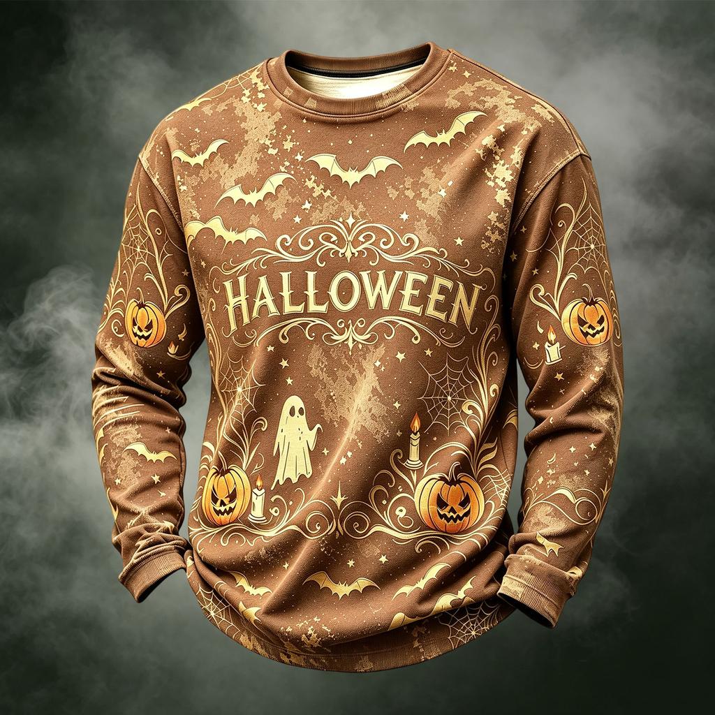 Men's Casual Knit Neck Long Sleeve Top with Halloween Print