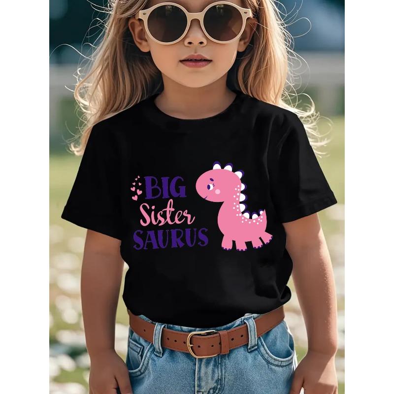 European Size Girls Round-neck Short-sleeved T-shirt with Cartoon Pink Little Dinosaur Pattern Print