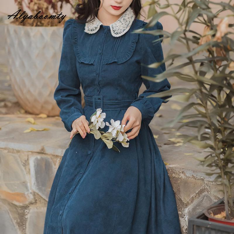 Mori Girl Autumn Winter Women Long Shirt Dress Blue Beading Vintage Buttons Dress Corduroy Elegant Feminine Dress With Belt