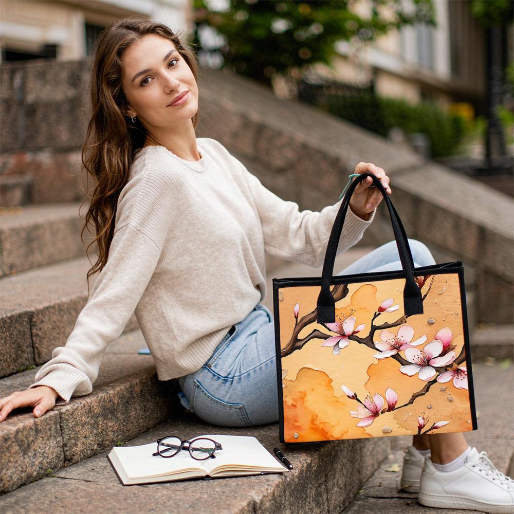 Elegant Cherry Blossom Print Fashion Daily Tote Bag Lightweight Casual Handbag for Outdoor Shopping