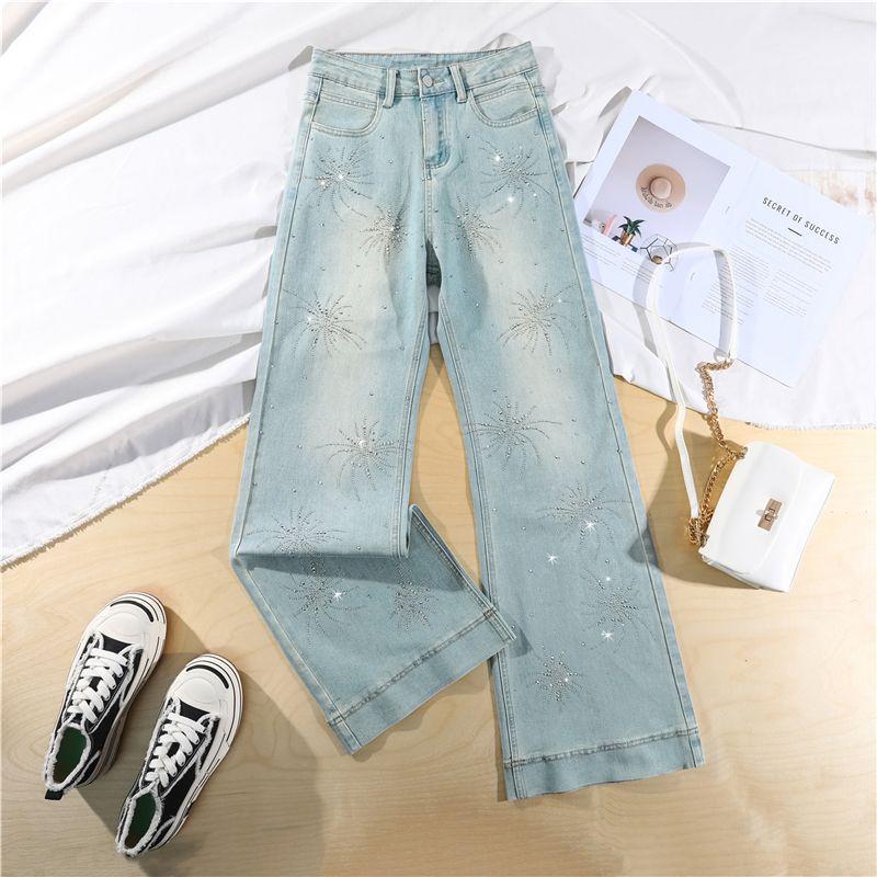 Spring Summer Firework Bling Rhinestone Non Cling Soft Relaxed Micro Flare Denim Pants For Ladies Casual Pants Oversize Denim Trousers