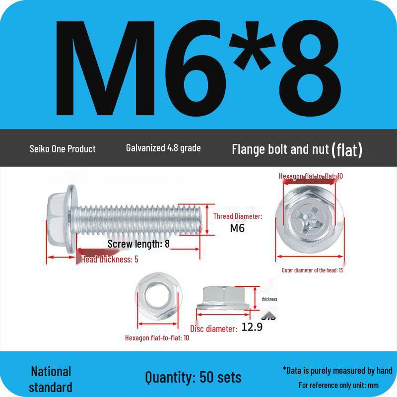 Galvanized Hex Bolt & Nut Set with Washer, Anti-slip, 4.8 Grade, Cross Flange Head, M4-M8 Sizes.