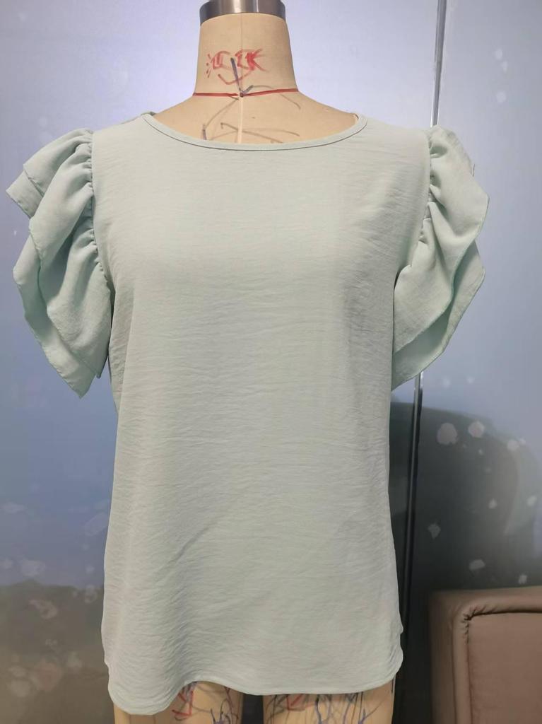 Available: Stylish European & American Women's Petal Sleeve Pullover T-Shirt, Versatile Short Sleeve Round Neck Design