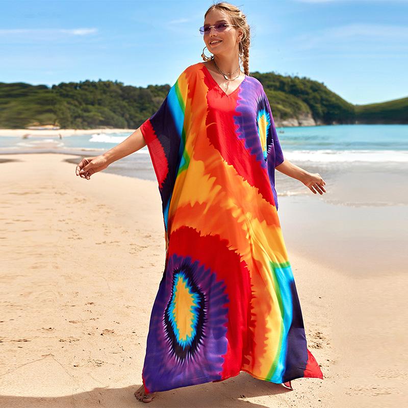 EDOLYNSA Různobarevné Kaftan Bohemian Potištěné Maxi šaty Batwing Sleeve Sleeve Sleeve Women Dámské plážové oblečení Polorukáv Maxi šaty Robe Q1342