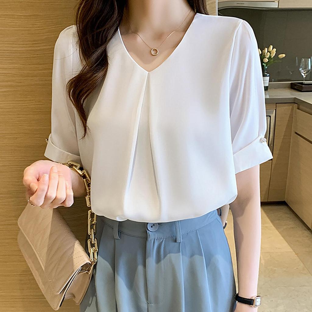 Short Chiffon Short Sleeve Loose Body Covering [Lalapala] Women's Blouse, Sleeve, Summer, Shirt, V-Neck, Stylish, Thin, Neat, Shirt, Top, Pullover,