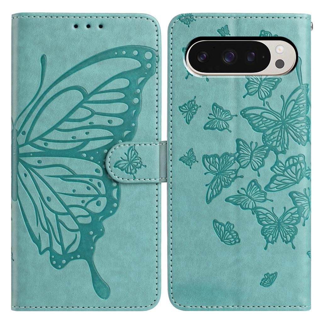 Wallet Ständer Hülle für Google Pixel 9/9 Pro/10 Pro PU-Leder Flip Handyhülle mit Schmetterlingsaufdruck und Trageband