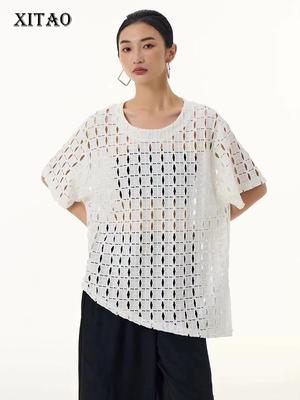 T-shirt asymétrique ajouré pour femme, couleur unie, ample, mode, manches courtes, col rond, pull simple, été, LYD1872