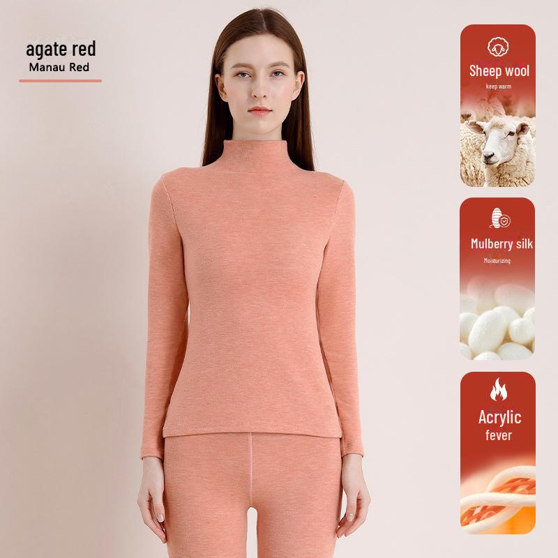 Women's Wool Silk Thermal Set: Plus Velvet Half Turtleneck Top & Bottom - Thickened German Velvet, Ideal for Winter.
