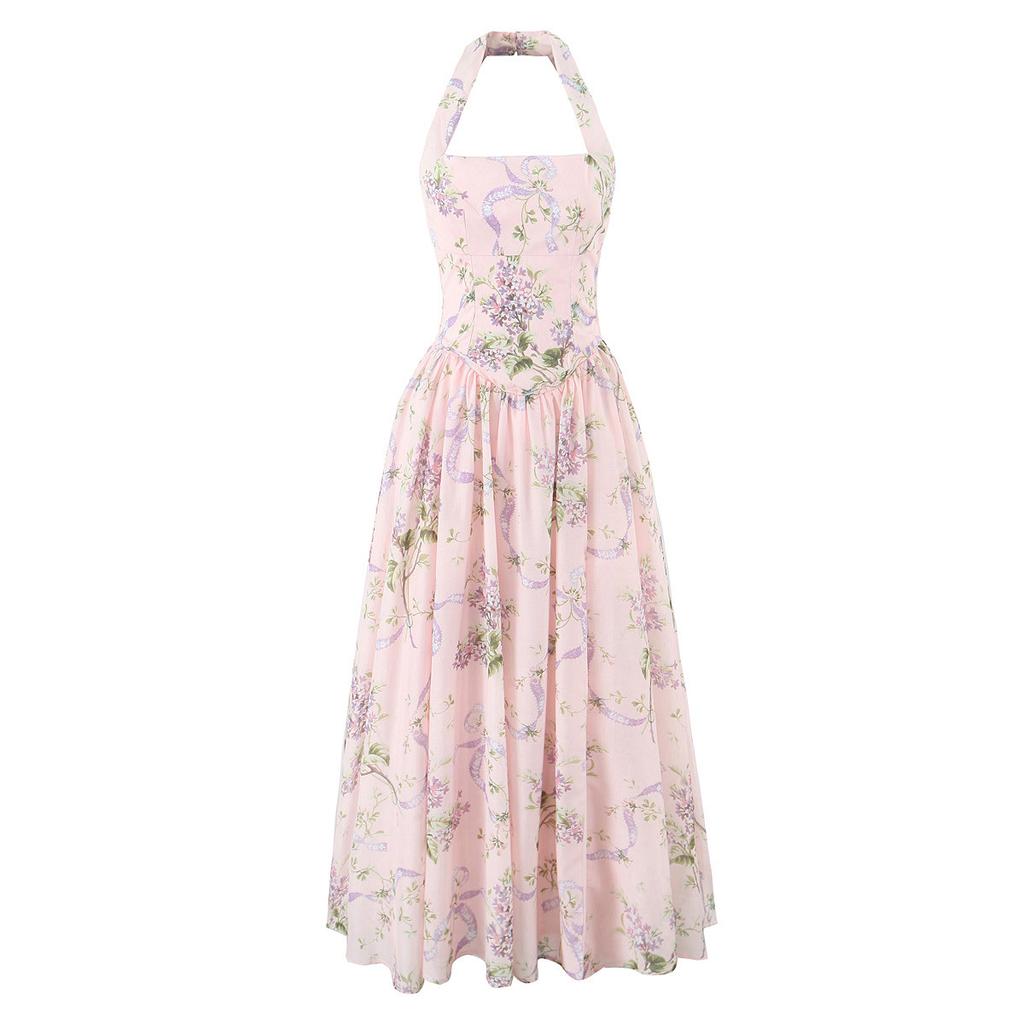 House fairy temperament fashion high sense French halter strap split fork medium and long suspender dress