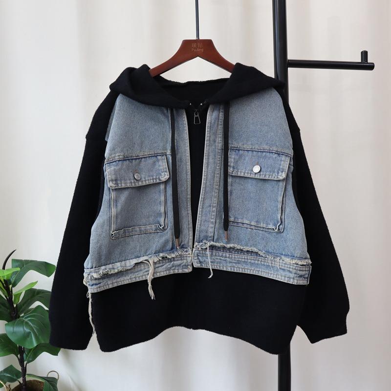 Premium hooded zipper denim splicing knitted double-sided woolen cardigan autumn new loose sweater jacket women