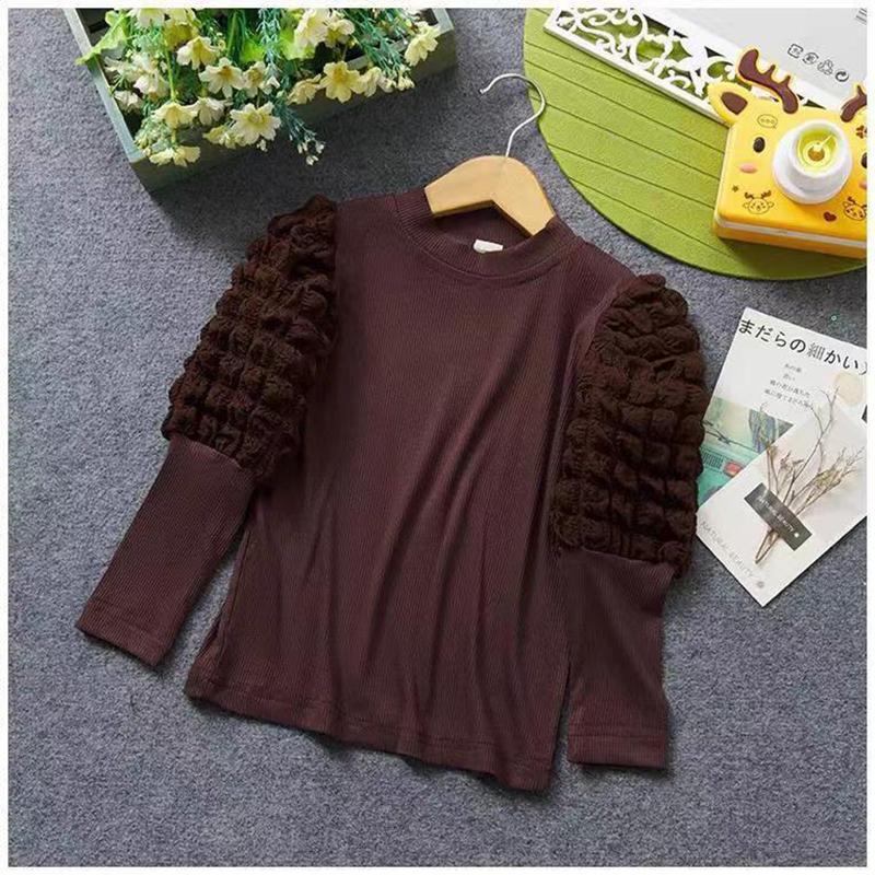 

Нижняя рубашка для девочек, новые футболки с длинными рукавами, детская футболка с пышными рукавами для девочек, весенне-осенние детские топы с круглым воротником 8T(140) коричневый