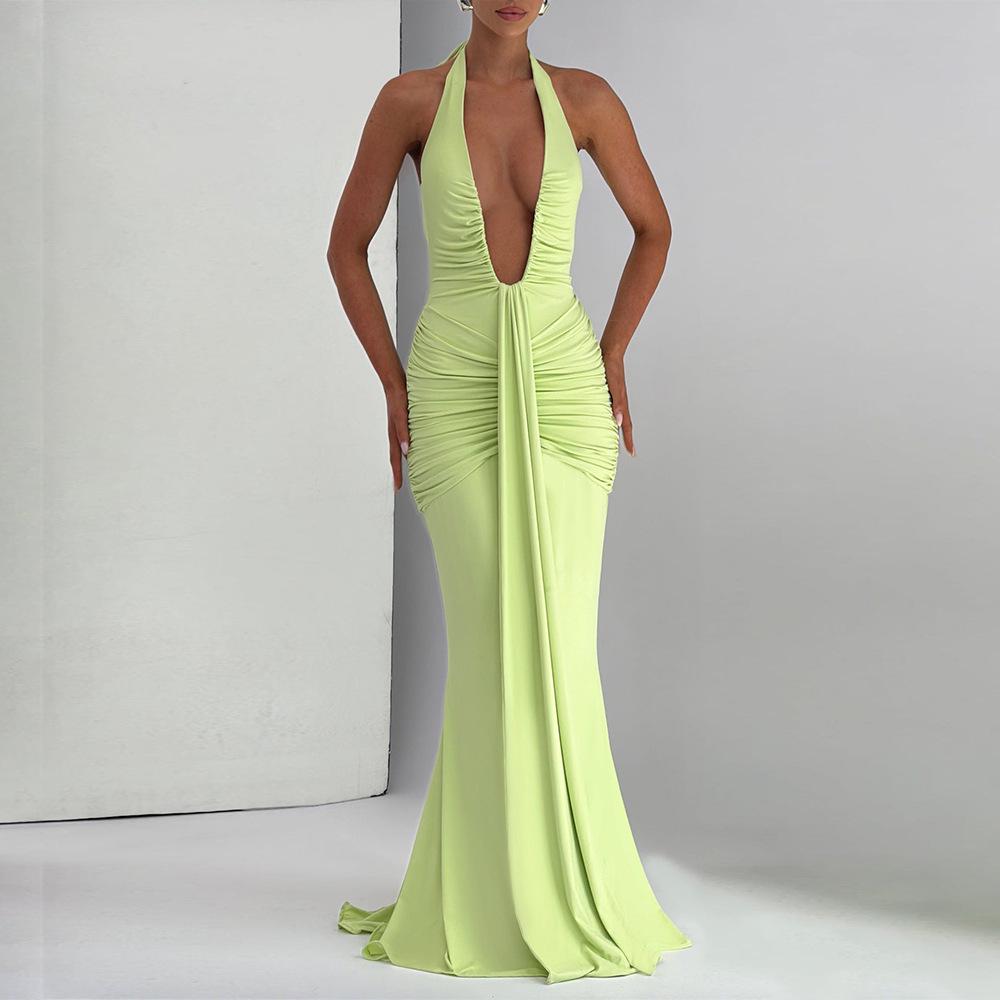 Elegant Halter Neck Deep V Waist-Cinching Long Fishtail Dress with Open Back and Flowing Ribbon