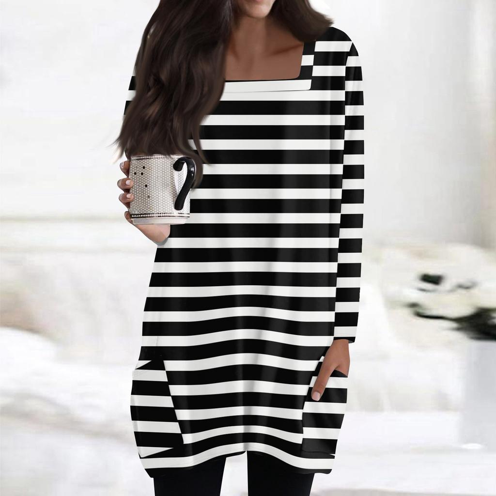 Womens Tops Square Collar Long Sleeve Blouses Casual Mid-length Shirts Fashion Print Tunic Tops With Pockets
