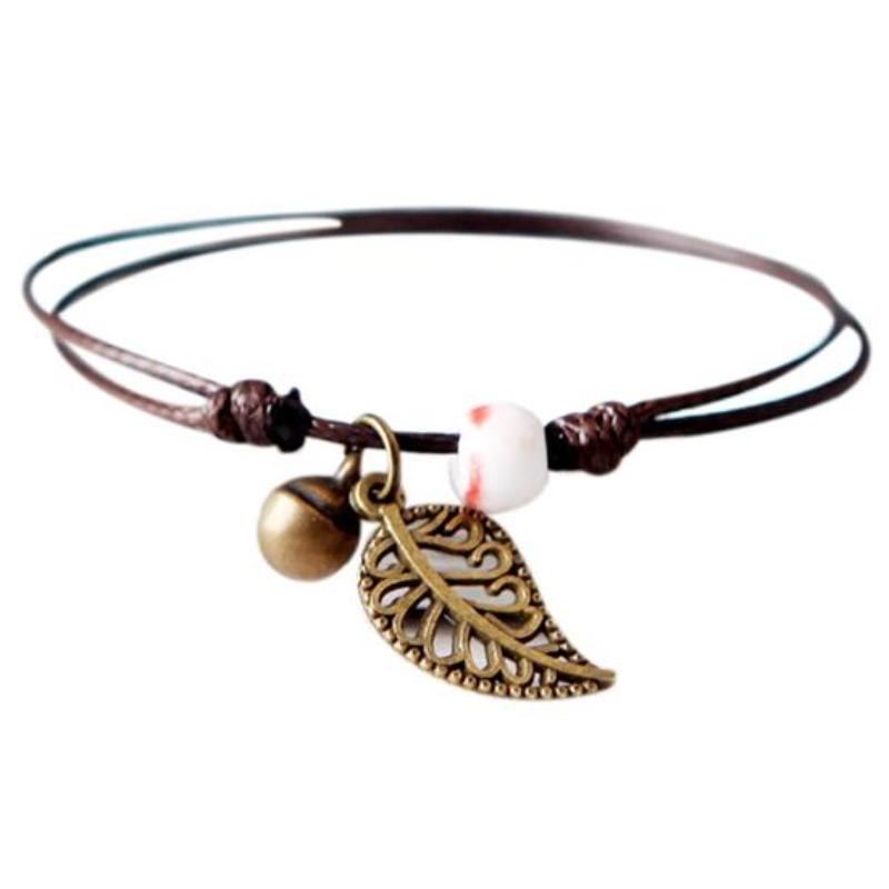 Vintage Nature-Inspired Ceramic Bead Bracelet with Leaf Pendant for Couples