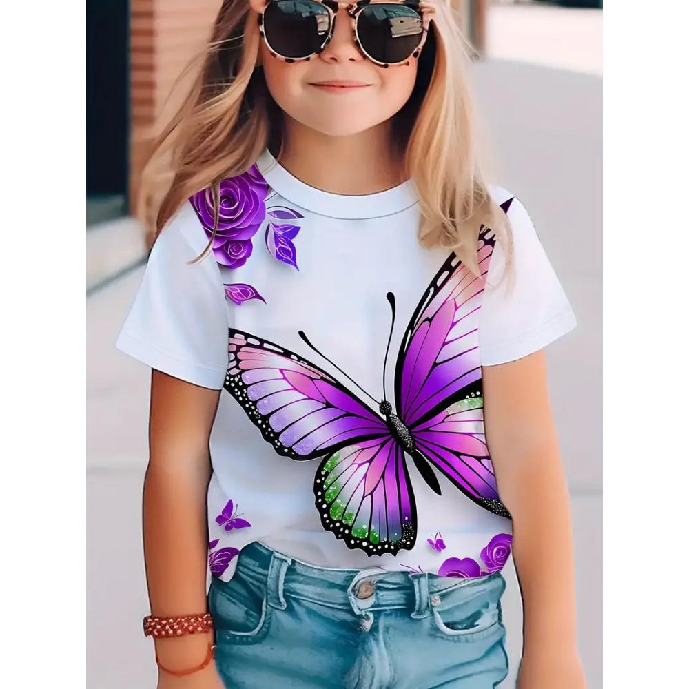 Summer Round Neck 3D Butterfly Pattern Printed Top Fashionable Casual Short Sleeved Children's Girl T-shirts