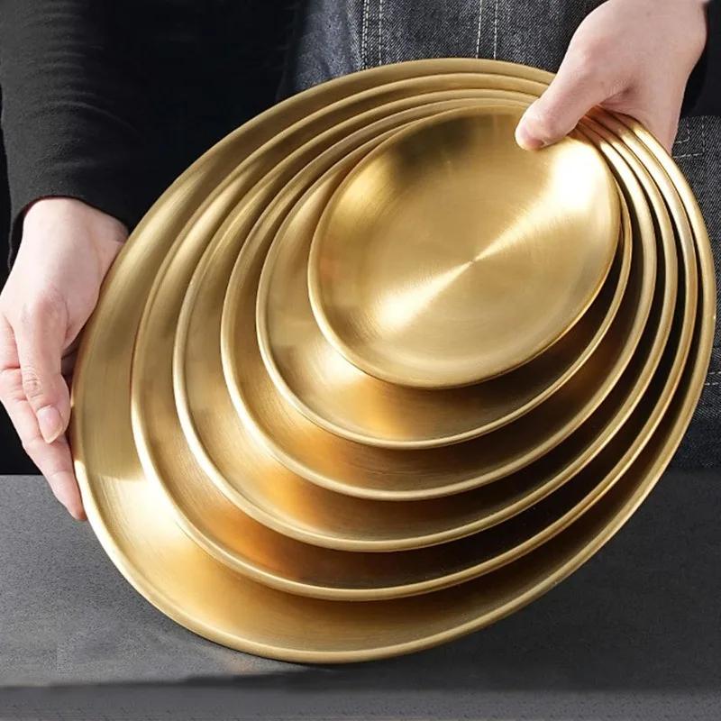 4PC Metal Dining Dish Stainless Steel Round Plate Shallow Tray BBQ Picnic Camping Food Container Tableware Dessert Plate Kitchen
