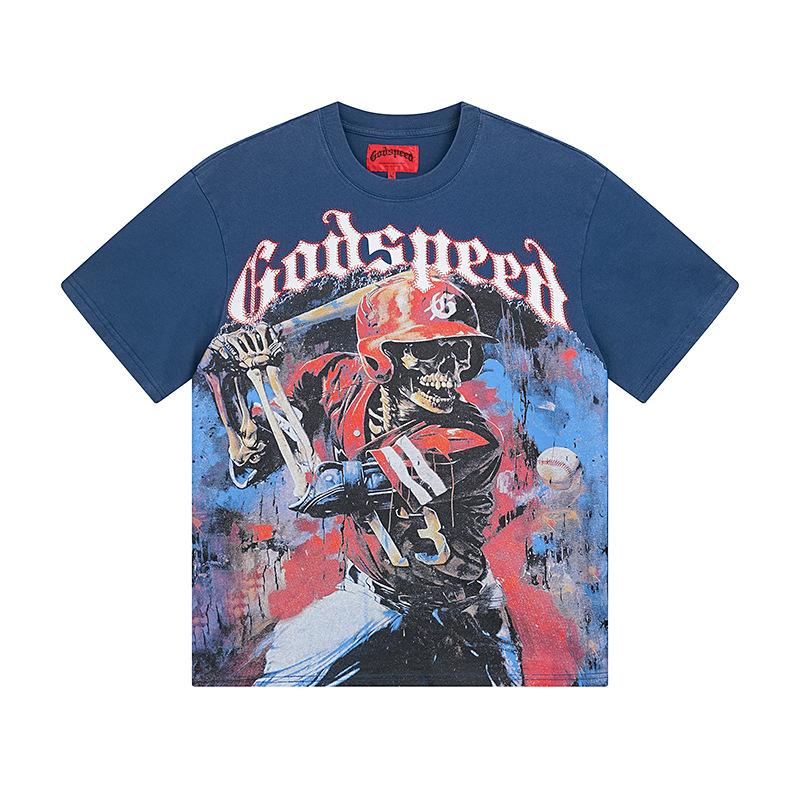 Cross-border trendy brand GS Skull Band Alphabet Printing Washing Water Short Sleeve Loose T-Shirt Men's and Women's High Street Retro Half Sleeve