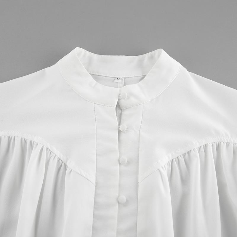 White Casual Loose Puff Sleeve Stand Collar Vintage Commuter Shirt