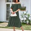 Women's Fashion Solid Colour Square Neck Backless Bubble Sleeve Pleated Short Sleeve Dresses