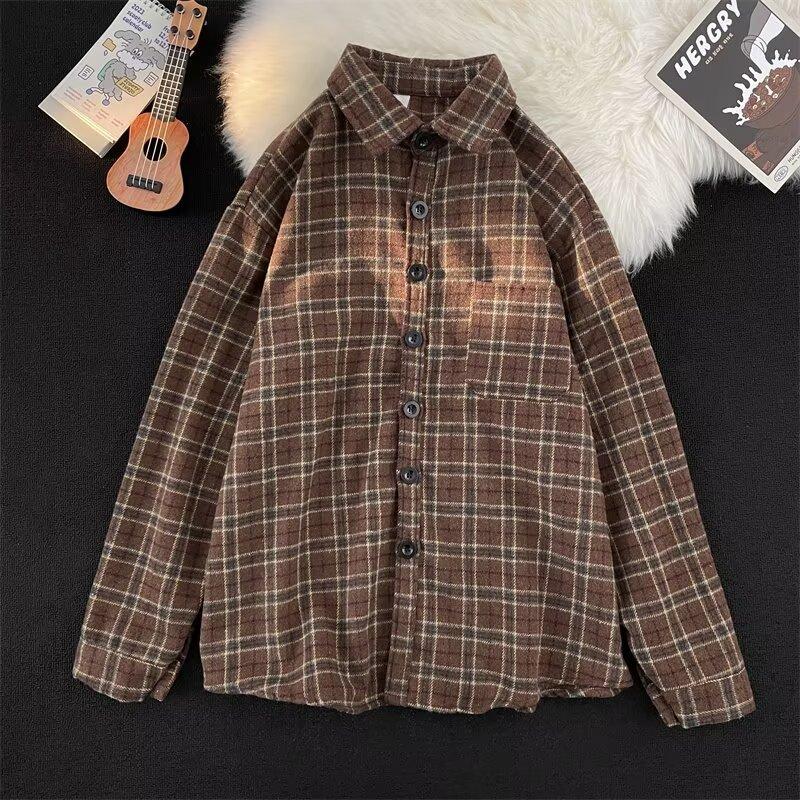 2024 Plaid Long Sleeve Shirt Japanese Hong Kong Style Ins Loose Shirt Boys Summer Trendy Versatile Casual Coat